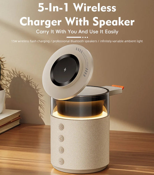 5-in-1 Wireless Charging Station with Bluetooth Speaker & Night Light