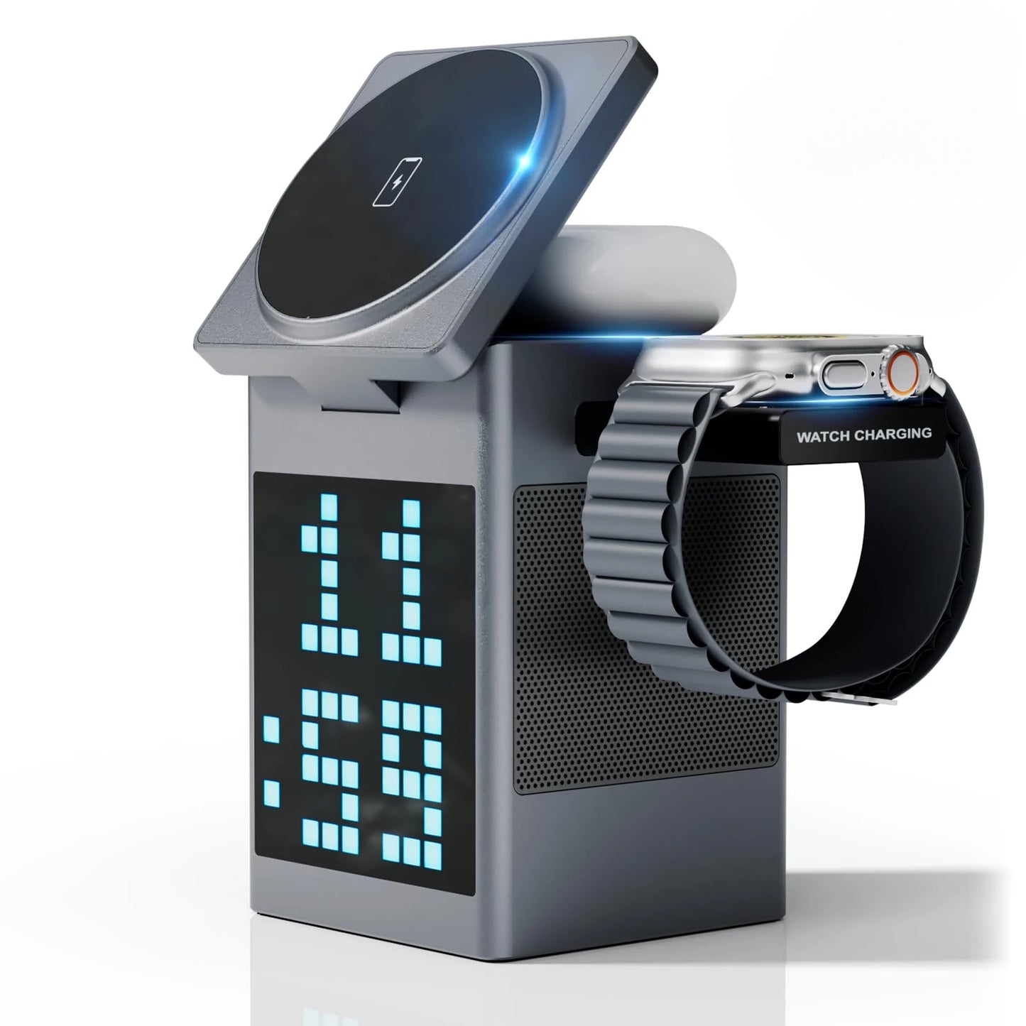 6-in-1 Magnetic Wireless Charging Station with Speaker & Alarm Clock – Fast 15W Charger, LED Light & Desk Organizer