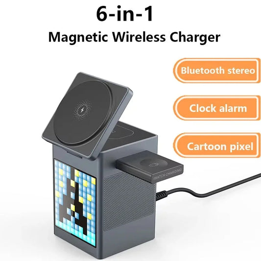 6-in-1 Magnetic Wireless Charging Station with Speaker & Alarm Clock – Fast 15W Charger, LED Light & Desk Organizer