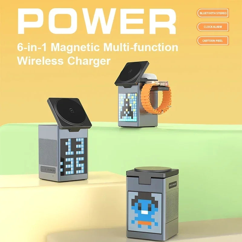 6-in-1 Magnetic Wireless Charging Station with Speaker & Alarm Clock – Fast 15W Charger, LED Light & Desk Organizer