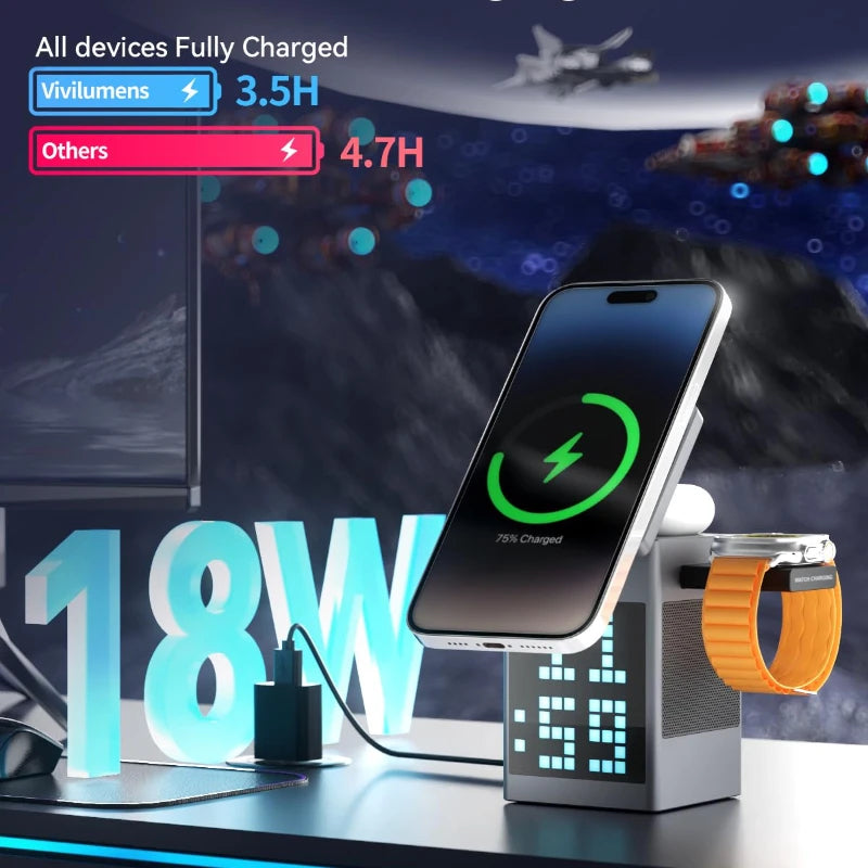 6-in-1 Magnetic Wireless Charging Station with Speaker & Alarm Clock – Fast 15W Charger, LED Light & Desk Organizer